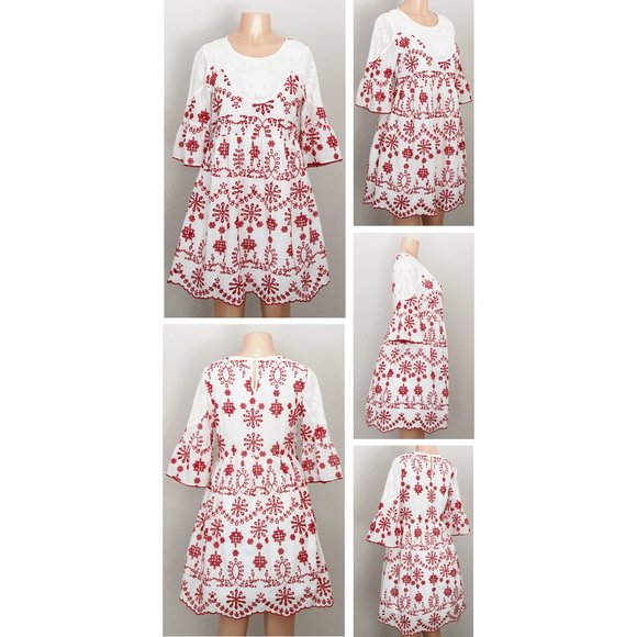 White Red Eyelet Embroidery 100% Cotton Cute Dress - Picture 9 of 10